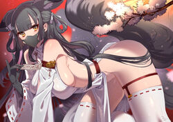 1girls animal_ears armpits ass ass_up bare_ass bare_breasts bare_midriff bare_shoulders bare_thighs barely_clothed barely_visible_genitalia barely_visible_pussy black_gloves black_hair bottomless breasts cleavage collar detached_sleeves ear_ornament ear_piercing earrings female female_focus female_only fluffy fluffy_ears fluffy_tail fox fox_ears fox_girl fox_tail foxgirl garter garter_straps gloves hair_hoops hair_ornament hair_ribbon hanging_breasts intricate_background japanese_clothes kimono_sleeves large_breasts leaning_forward long_hair long_sleeves looking_at_viewer looking_to_the_side loose_clothes mask masked navel nipple_bulge nipples on_all_fours on_knees open_clothes particles_(artist) particles_(effect) pussy ribbon sakura side_view sideboob skimpy sleeves sole_female solo solo_female solo_focus tagme tail talisman thick_thighs thigh_strap thighhighs thighs very_long_hair white_legwear yellow_eyes