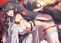 1girls animal_ears armpits ass ass_up bare_ass bare_breasts bare_midriff bare_shoulders bare_thighs barely_clothed barely_visible_genitalia barely_visible_pussy black_gloves black_hair bottomless breasts cleavage collar detached_sleeves ear_ornament ear_piercing earrings fang_out fangs female female_focus female_only fluffy fluffy_ears fluffy_tail fox fox_ears fox_girl fox_tail foxgirl garter garter_straps gloves hair_hoops hair_ornament hair_ribbon hanging_breasts intricate_background japanese_clothes kimono_sleeves large_breasts leaning_forward long_hair long_sleeves looking_at_viewer looking_to_the_side loose_clothes navel nipple_bulge nipples oerba_yun_fang on_all_fours on_knees open_clothes open_mouth particles_(artist) particles_(effect) pussy ribbon sakura side_view sideboob skimpy sleeves sole_female solo solo_female solo_focus tagme tail talisman thick_thighs thigh_strap thighhighs thighs tongue very_long_hair white_legwear yellow_eyes