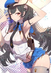 1girls ;o arched_back areolae armpits ass ass_up bare_arms bare_ass bare_midriff bare_shoulders bare_thighs black_hair bracelet breasts collared_shirt english_text female_focus female_only garter garter_belt garter_straps hair_ornament hair_ribbon hand_on_head hat large_breasts leaning_forward long_hair looking_at_viewer looking_to_the_side navel navel_line nipple_bulge nipples nipples_visible_through_clothing one_eye_closed open_clothes open_mouth open_shirt particles_(artist) particles_(effect) purse red_eyes ribbon ruffles school_uniform schoolgirl short_skirt side_view sideboob simple_background skimpy sleeveless sole_female solo solo_female solo_focus strap tagme thick_thighs thighhighs thighs tie very_long_hair very_short_skirt water water_bottle wet