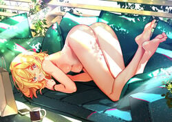 1girls anus ass barefoot blonde_hair blue_eyes breasts couch feet female female_only kanojo_okarishimasu light-skinned_female light_skin naked nanami_mami nipples nude phone pussy solo sydus uncensored