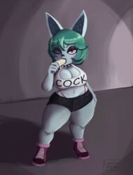 bimbo blue_hair choker cleavage cranihum female fishnets goth green_hair jean_shorts league_of_legends looking_at_viewer pantyhose pink_eyes pinup popsicle rabbit_ears riot_games sexually_suggestive shoes shorts shortstack sucking suggestive tank_top text thighs thong vex_(league_of_legends) winking yordle