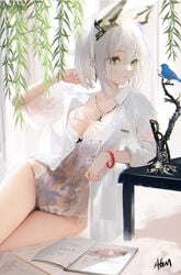 animal_ears arknights arm_support artist_name bangs bird book breasts cleavage clothing curtains dress_shirt earrings eyebrows_visible_through_hair female green_eyes high_resolution indoors jewelry kal'tsit_(arknights) large_breasts leotard lingerie long_sleeves looking_at_animal medium_breasts necklace nekomimi nipples omone_hokoma_agm one_arm_up open_book open_clothes open_mouth open_shirt parted_lips pixiv pubic_hair reclining rhodes_island_logo see-through shirt short_hair silver_hair solo tagme thighs underwear white_leotard wristband