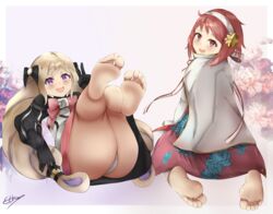 2girls ass back_view barefoot blonde_hair elise_(fire_emblem) ethan_ppj_(artist) feet female female_only fire_emblem fire_emblem_fates fire_emblem_if foot_fetish foot_focus hair_ornament human kneeling large_ass long_hair looking_at_viewer looking_back mouth_open multiple_girls nintendo open_mouth panties pantyshot purple_eyes red_eyes red_hair sakura_(fire_emblem) short_hair smile soles toes twintails upskirt v very_long_hair video_games white_panties