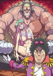 1girls 2boys bottomless broken_rape_victim bullet_(one_piece) cheek_piercing crying cum cum_in_pussy cum_inside drooling exhausted female fucked_silly hat jewelry_bonney kakutou_oukoku large_breasts legs_held_open long_hair male mouth_open one_breast_out one_piece pink_hair public_exposure public_humiliation public_use rape smaller_female spread_legs stockings tears