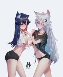 animal_ears arknights bra breast_hold high_resolution lappland_(arknights) nipples no_bra omone_hokoma_agm pantsu see-through shirt shirt_lift tagme texas_(arknights) underwear undressing very_high_resolution wet wet_clothes yuri