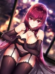 bangs bare_shoulders black_bra black_gloves black_legwear black_panties black_underwear blurry blurry_background blush bra breasts clavicle cleavage elbow_gloves eyebrows_visible_through_hair fate/grand_order fate_(series) female female garter_belt garter_straps gloves hair_between_eyes hair_intakes heart heart-shaped_breast_challenge heart_hands high_resolution hip_focus hips indoors lace lace-trimmed_bra lace-trimmed_legwear lace-trimmed_thighhighs lace_trim large_breasts lingerie long_hair looking_at_viewer mallizmora meaomao milf pantsu purple_hair red_eyes scathach_(fate) shiny shiny_skin solo tagme thighhighs thighs underwear window