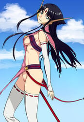 bare_shoulders black_hair blue_eyes breasts chikuwa_udon cloud cloudy_sky cross_ange cross_ange:_tenshi_to_ryuu_no_rondo day detached_sleeves female forehead_jewel headgear hime_cut legwear long_hair looking_at_viewer medium_breasts nipples no_bra nopan robot_ears sala_(cross_ange) salamandinay sideboob sky smile solo tagme tail thighhighs uncensored underboob vagina white_legwear