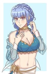 1girls alternate_costume bare_midriff bare_shoulders belly big_breasts bikini blue_bikini blue_hair blue_swimsuit blush blushing breasts cleavage close-up collarbone dragamon10 female female_only fire_emblem fire_emblem:_three_houses fire_emblem_heroes human human_only light-skinned_female light_skin looking_at_viewer marianne_von_edmund marianne_von_edmund_(summer) nail_polish navel nintendo official_alternate_costume purple_eyes sarong see-through_sleeves smile smiling smiling_at_viewer solo solo_female stomach swimsuit upper_body