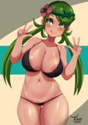 1girls 2021 artist_logo artist_signature bare_legs bikini black_bikini blush brown_skin double_v female female_focus female_only green_eyes green_hair hair_ornament hips long_hair looking_at_viewer mallow_(pokemon) naughty_face nintendo peace_sign pokemon pokemon_sm slim_waist smile suggestive_look swimsuit tan-skinned_female tan_skin thick_thighs thighs tiger1001 tongue tongue_out twintails wide_hips