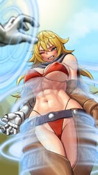 abs armor big_breasts bikini blonde_hair blush bra cameltoe embarrassed female female_focus green_eyes large_breasts long_hair lyoung0j magic nipple_bulge panties partially_visible_vulva pokies restrained skimpy skimpy_clothes sweat the_vagrant vivian_(the_vagrant)