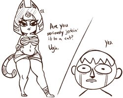 1boy 1girls 2021 animal_crossing ankha anthro bandage black_and_white breasts catgirl clothed crying dialogue disgusted egyptian female funny furry hand_on_hip humor implied_masturbation kinkshaming looking_at_viewer male navel nintendo raised_eyebrow revealing_clothes sketch tail text thick_thighs thighs underboob ushimama villager_(animal_crossing)