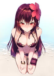 assassin beach bikini blush bracelet breasts cleavage closed_mouth fate/grand_order fate_(series) female female flower frown garter hair_between_eyes hair_flower hair_ornament hands_on_own_thighs high_resolution hplay jewelry lancer_(fate/grand_order) large_breasts leg_garter long_hair looking_at_viewer medium_breasts midriff milf mobile_wallpaper navel outdoors pixiv_id_13244881 purple_bikini purple_hair red_eyes scathach_(fate) scathach_(swimsuit_assassin) seiza sitting solo swimsuit tagme very_long_hair viewed_from_above water