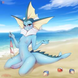 1boy absurd_res anthro beach big_penis bikini bikini_top blue_body casual_nudity clothing crossdressing digital_media_(artwork) eeveelution erection femboy furry genitals hi_res huge_cock humanoid_penis kneeling looking_at_viewer male male_only marshmallow-ears nintendo nipples nude nude_beach outside penis pokémon_(species) pokemon pokemon_(species) public public_nudity sand seaside shaded solo swimwear trap vaporeon video_games