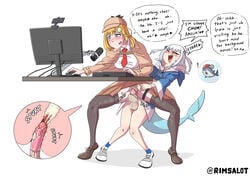 1futa 1girls balls blonde_hair blue_eyes blush bottomless broken_condom clothed clothing computer computer_mouse condom cum cum_in_pussy cum_inside desktop dialogue duo electronics english_text female futa_on_female futanari gawr_gura hololive hololive_english human humanoid intersex keyboard knees_together_feet_apart large_breasts larger_female light-skinned_female light-skinned_futanari light_skin monitor pale_skin partially_clothed penis rimsalot sex size_difference small_dom_big_sub smaller_futanari spread_legs standing stealth_sex streaming text vaginal_penetration virtual_youtuber watson_amelia white_hair x-ray