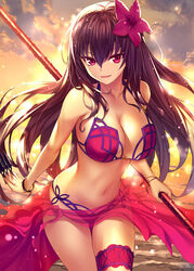 archway_of_venus assassin bikini bracelet breasts cowboy_shot fate/grand_order fate_(series) female flower gae_bolg garter gluteal_fold hair_between_eyes hair_flower hair_ornament halterneck happy heirou hibiscus jewelry kunai large_breasts leaning_forward long_hair looking_at_viewer navel outdoors pink_bikini pink_eyes pink_swimsuit polearm purple_hair red_eyes sarong scathach_(fate) scathach_(swimsuit_assassin) smile solo sunset swimsuit tagme thigh_gap thigh_strap weapon