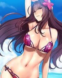 1girls armpits ban ban!_(bansankan) bare_shoulders bikini breasts cleavage clothing cloud day fate/grand_order fate_(series) female female_only flower hair_flower hair_ornament hibiscus high_resolution large_breasts light-skinned light-skinned_female long_hair looking_at_viewer medium_breasts navel ocean one_arm_up parted_lips pinup purple_hair red_eyes scathach_(fate) scathach_(swimsuit_assassin) sky solo swimsuit tagme underboob viewed_from_below water