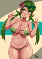 1girls 2021 artist_logo artist_signature bare_legs bikini blush brown_skin double_v eyepatch_bikini female female_focus female_only green_bikini green_eyes green_hair hair_ornament hips long_hair looking_at_viewer mallow_(pokemon) naughty_face nintendo peace_sign pokemon pokemon_sm slim_waist smile suggestive_look swimsuit tan-skinned_female tan_skin thick_thighs thighs tiger1001 tongue tongue_out twintails wide_hips