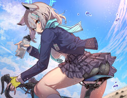 1girls abydos_high_school_student animal_ears ass ass_focus bare_thighs blue_archive blue_eyes breasts clothing female female_focus female_only fingerless_gloves fluffy fluffy_ears foreclosure_task_force_(blue_archive) fully_clothed grey_hair hair_ornament heterochromatic_pupils id_card large_breasts leaning_forward long_sleeves looking_at_viewer looking_to_the_side loose_clothes on_bike pale_skin panties_visible_through_clothing particles_(artist) particles_(effect) ruffles scarf school_uniform schoolgirl shiroko_(blue_archive) short_hair short_skirt side_view sky sleeves sole_female solo solo_female solo_focus thick_thighs thighs tie water water_bottle water_drop wet wet_body wet_pussy white_pupil wolf_ears wolf_girl yellow_gloves