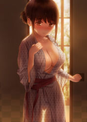 asaba0327 bangs bath_yukata bathrobe blush breasts brown_eyes brown_hair clavicle cleavage cowboy_shot embarrassed evening female female full-face_blush fusuma hair_bun high_resolution indoors kimono large_breasts looking_ahead looking_at_viewer looking_down no_bra nopan nose_blush obi open_clothes open_kimono original pixiv_id_11078587 ponytail pubic_hair robe sash see-through see-through_silhouette short_hair sidelocks sliding_doors solo standing sunlight sweat tagme tied_hair very_high_resolution wafuku water_drop water_droplets wet wet_body wet_hair wide_sleeves window yukata