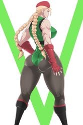 1girls ahoge ass ass_shot back_view beret biceps black_boots black_pantyhose black_straps black_tights blonde_hair boots braided_twintails british cammy_white cammy_white_(fortnite) capcom female fortnite gauntlets green_leotard green_thong_leotard hand_on_hip military muscular_arms muscular_female muscular_shoulders pantyhose pose red_beret red_gauntlets solo solo_female straps street_fighter tenchizone thong_leotard tight_clothing tights twintails