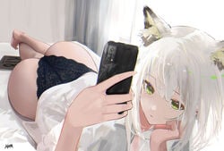 animal_ear_fluff animal_ears arknights ass bangs barefoot bed black_panties black_underwear cellphone clothing eyebrows_visible_through_hair feet female green_eyes hand_on_own_cheek hand_on_own_face hands_up head_rest holding holding_object holding_phone kal'tsit_(arknights) lingerie looking_at_viewer lying lynx_ears nekomimi omone_hokoma_agm on_bed on_stomach pantsu phone pixiv shirt short_hair smartphone solo tagme taking_picture underwear white_hair white_shirt