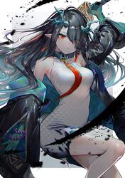 arknights arm_tattoo attacking_viewer bare_shoulders bead_bracelet beads black_hair black_jacket bracelet breasts china_dress chinese_clothes cleavage_cutout clothing clothing_cutout colored_skin dragon_girl dragon_horns dress dusk_(arknights) ear_piercing feet_out_of_frame female floating_hair green_hair green_skin hair_over_one_eye high_resolution holding holding_object holding_sword holding_weapon horns ink jacket jewelry long_hair looking_at_viewer medium_breasts monster_girl multicolored_hair necktie off_shoulder one_arm_up one_eye_covered open_clothes open_jacket orange_eyes piercing pointed_ears red_eyes red_neckwear sanbabasanba short_dress simple_background sleeveless sleeveless_dress solo streaked_hair sword tagme tarutaru_yamaoka tattoo weapon weapon_behind_back white_background white_dress