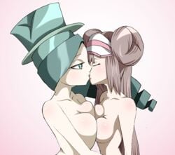 2girls battle_chatelaine breasts female female_focus female_only green_hair kissing lematin_(pokemon) morgan_(pokemon) multiple_girls nintendo pokemon pokemon_bw2 pokemon_xy r2pi rosa_(pokemon) yuri