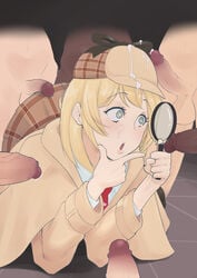 1girls blonde_hair clothed_female_nude_male cum cum_on_face cum_on_hat cum_on_head cumdumpsonic gangbang hololive hololive_english hololive_myth magnifying_glass multiple_boys virtual_youtuber watson_amelia