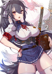 1girls :o bag bare_arms bare_thighs barely_visible_genitalia barely_visible_pussy black_hair breasts clothed_breasts collar female female_focus female_only fluffy fluffy_tail front_view hair_ornament hair_ribbon hand_on_hip holding_object holding_weapon japanese_clothes kendo large_breasts long_hair looking_at_viewer looking_to_the_side nipple_bulge nipples open_mouth panties particles_(artist) particles_(effect) ponytail red_eyes ribbon ruffles school_uniform schoolgirl short_skirt short_sleeves simple_background sleeves sole_female solo solo_female solo_focus sword tagme tail tail_under_skirt thick_thighs thighhighs thighs weapon