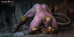 1boy 3d artist_name ass ass_up bara character_name color copyright_name face_down_ass_up gay helmet infinity_gauntlet jack-o_pose jackochallenge male male_only marvel marvel_cinematic_universe marvel_comics muscular muscular_male outdoors outside purple_skin solo soto thanos thong url yaoi