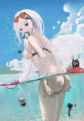 arknights ass ass_support bangs bare_shoulders bikini blue_sky bottomless breasts cloud day doctor_(arknights) erect_nipples erect_nipples_under_clothes eyewear_on_head grani_(arknights) hair_between_eyes hair_ornament hands_on_own_ass high_resolution hypergryph_(arknights) kal'tsit_(arknights) large_breasts long_hair looking_at_viewer nipples omone_hokoma_agm outdoors partially_submerged partially_underwater_shot red_eyes see-through silver_hair skadi_(arknights) sky specter_(arknights) sunglasses swimsuit tagme tinted_eyewear underwater very_high_resolution very_long_hair wading wet whale_hair_ornament