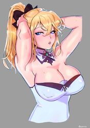 1girls armpits arms_up blonde_hair blue_eyes cleavage genshin_impact jean_gunnhildr large_breasts long_hair ponytail redvenus solo sweat