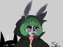 black_lipstick blush bunny_ears clothed cum cum_in_hair cum_in_mouth cum_on_face eyeshadow green_hair grey_skin handjob league_of_legends lips lipstick magenta_eyes makeup rabbit_ears robe scribblygumbo shadow_(lol) solo_female vex_(league_of_legends) yordle