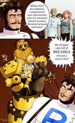 antennae anthro bee bee_(minecraft) bee_girl bee_movie black_eyes breasts brown_nipples bug_girl bumblebee_(dc) cake comic dark_skin doctor_bees dreamworks funny glasses headwear holding_breast honey horny_female humor janet_benson lesbian looking_at_viewer meme mightycock minecraft monocle neck_tuft one_eye_closed serious_look size_difference stinger stripes stripper superheroine text text_bubble wings wink yellow_hair