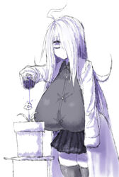 2b213 flower huge_breasts lab_coat large_breasts mei_(2b213) skirt tagme white_background white_hair