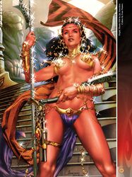 1girls a_princess_of_mars barsoom black_hair blue_eyes dejah_thoris fit_female gold_pasties gun gun_holster hair_jewelry hair_ornament holding_weapon ivan_nunes jay_anacleto jewelry john_carter_of_mars large_breasts loincloth martian official_art royalty underwear