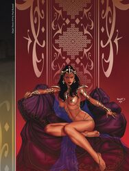 1girls a_princess_of_mars anklet armlet barefoot barsoom black_hair bracelet dejah_thoris fit_female gold_pasties john_carter_of_mars loincloth long_hair looking_at_viewer martian medium_breasts official_art pasties paul_renaud pillow purple_eyes royalty shoulder_armor sitting_on_pillow