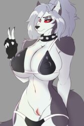 anthro big_breasts bikini breasts canid canid_demon canine clothing collar colored demon ear_piercing ear_ring female genitals gesture gloves handwear hellhound helluva_boss loona_(helluva_boss) mammal piercing pussy simple_background sly_shadex solo squish swimwear v_sign