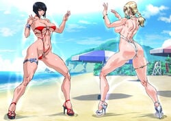 anna_williams ass beach black_hair blonde_hair blue_eyes braid bubble_butt fit_female high_heels huge_breasts long_hair medium_hair nina_williams open_toe_shoes revealing_swimsuit seaside sisters swimsuit tekken voluptuous yuri-ai