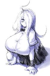 2b213 bowtie clothed eye_bags female hair_over_one_eye huge_breasts mei_(2b213) monochrome solo tagme