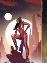 1girls a_princess_of_mars anklet armlet barefoot barsoom black_hair bracelet closed_eyes dejah_thoris fit_female gold_pasties hand_on_hip john_carter_of_mars large_breasts loincloth long_hair martian official_art pasties paul_renaud royalty shoulder_armor spaceship