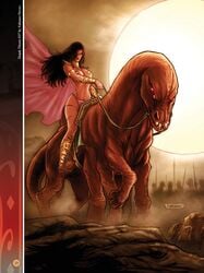 1girls a_princess_of_mars barsoom black_hair bracelet cape dejah_thoris fabiano_neves gold_pasties green_martian hair_over_one_eye john_carter_of_mars large_breasts long_hair multi_eye multi_leg multi_limb official_art pasties red_eyes riding_beast shoulder_armor