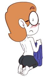 barefoot blush embarrassed female getting_dressed glasses illymation looking_at_viewer mannysdirt modest pants_only red_hair round_glasses surprised sweatshirt tagme topless youtube youtuber