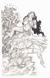 2016 2girls a_princess_of_mars barsoom belt black_and_white black_hair crossover cunnilingus dejah_thoris gene_espy greyscale groping_self head_thrown_back john_carter_of_mars lesbian loincloth looking_pleasured lowres monochrome pelvic_curtain red_sonja red_sonja_(comics) royalty sword topless traditional_media_(artwork) yuri