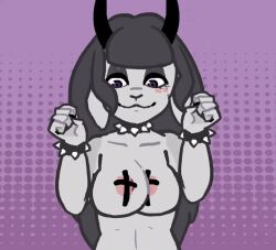 1girls animated anthro black_hair black_nails blush bouncing_breasts bovid bracelet breasts caprine fazmaz female female_only furry goat goth gray_body gray_fur horns huge_breasts lazyyysheep long_hair looking_at_viewer nail_polish nipple_slip nude nude_female purple_eyes smile solo spiked_bracelet spikes standing tape taped_nipples video