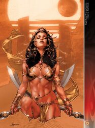 1girls a_princess_of_mars barsoom black_hair cleavage dejah_thoris fit_female gold_pasties headdress holding_weapon jay_anacleto john_carter_of_mars large_breasts loincloth long_hair martian official_art rain_beredo royalty sword