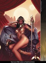 1girls a_princess_of_mars anklet armlet barefoot barsoom black_hair bracelet dejah_thoris fit_female gold_chain gold_pasties headdress holding_sword john_carter_of_mars large_breasts loincloth long_hair looking_at_viewer martian official_art pasties paul_renaud pillow royalty shoulder_armor