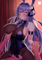 1boy ahe_gao animal_ears arm_strap azur_lane bangs blush bodystocking breast_grab breasts cowgirl_position crossed_bangs cum cum_in_pussy fake_animal_ears female grabbing highres holding_hands impossible_clothes indoors keyword lamp large_breasts leotard new_jersey_(azur_lane) new_jersey_(exhilarating_steps!)_(azur_lane) official_alternate_costume open_mouth playboy_bunny purple_eyes purple_hair purple_leotard rabbit_ears sex skin_tight straddling straight strapless strapless_leotard torn_bodystocking torn_clothes vaginal_penetration