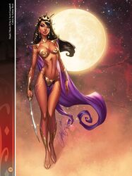 1girls a_princess_of_mars barsoom black_hair cape cleavage dejah_thoris gold_pasties hair_ornament holding_sword holding_weapon hourglass_figure j_scott_campbell john_carter_of_mars large_breasts legwear loincloth martian official_art purple_eyes sabine_rich sandals shoulder_armor