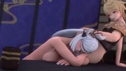 1boy 1girls 3d 3d_(artwork) aether_(genshin_impact) big_breasts blender blonde_hair breasts female genshin_impact headpat long_hair male mihoyo naked nipples sex shenhe_(genshin_impact) straight white_hair